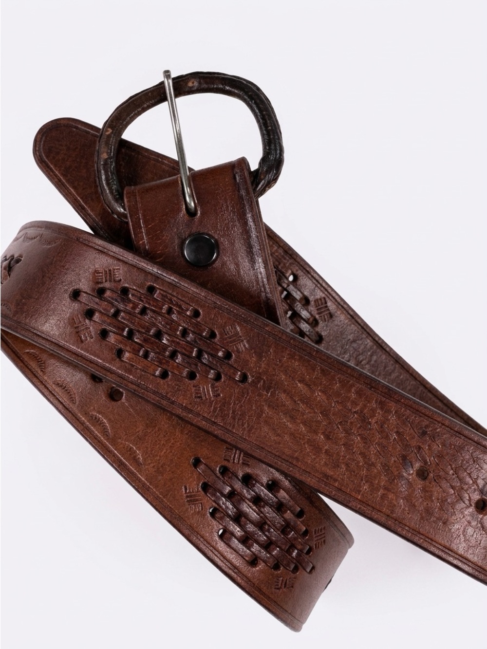 Vintage Mexico Woven Tooled Removable Buckle Leather Belt Brown 40
